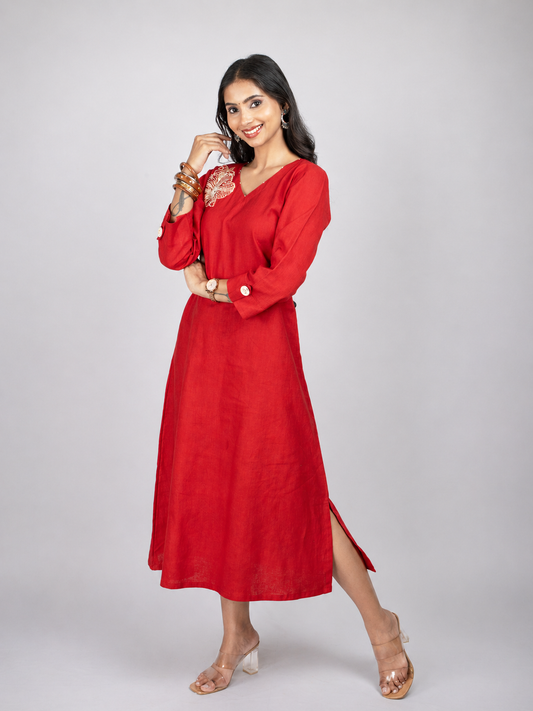 Red Linen Blend Dress
