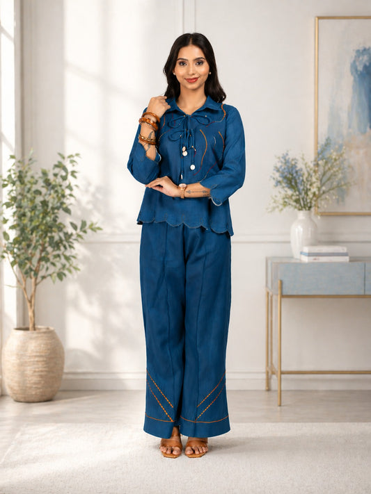 Blue Linen Blend Co-ord Set