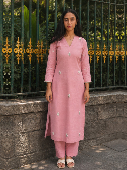 Pink Linen Floral Embroidered Kurta Set-2pc