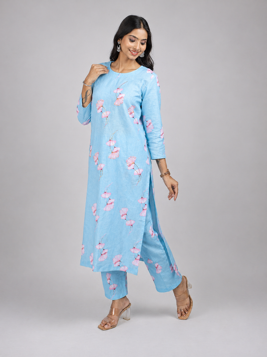Floral Printed Linen Blend Kurta Set
