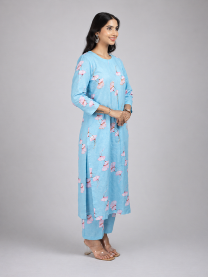 Floral Printed Linen Blend Kurta Set