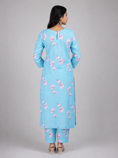 Floral Printed Linen Blend Kurta Set