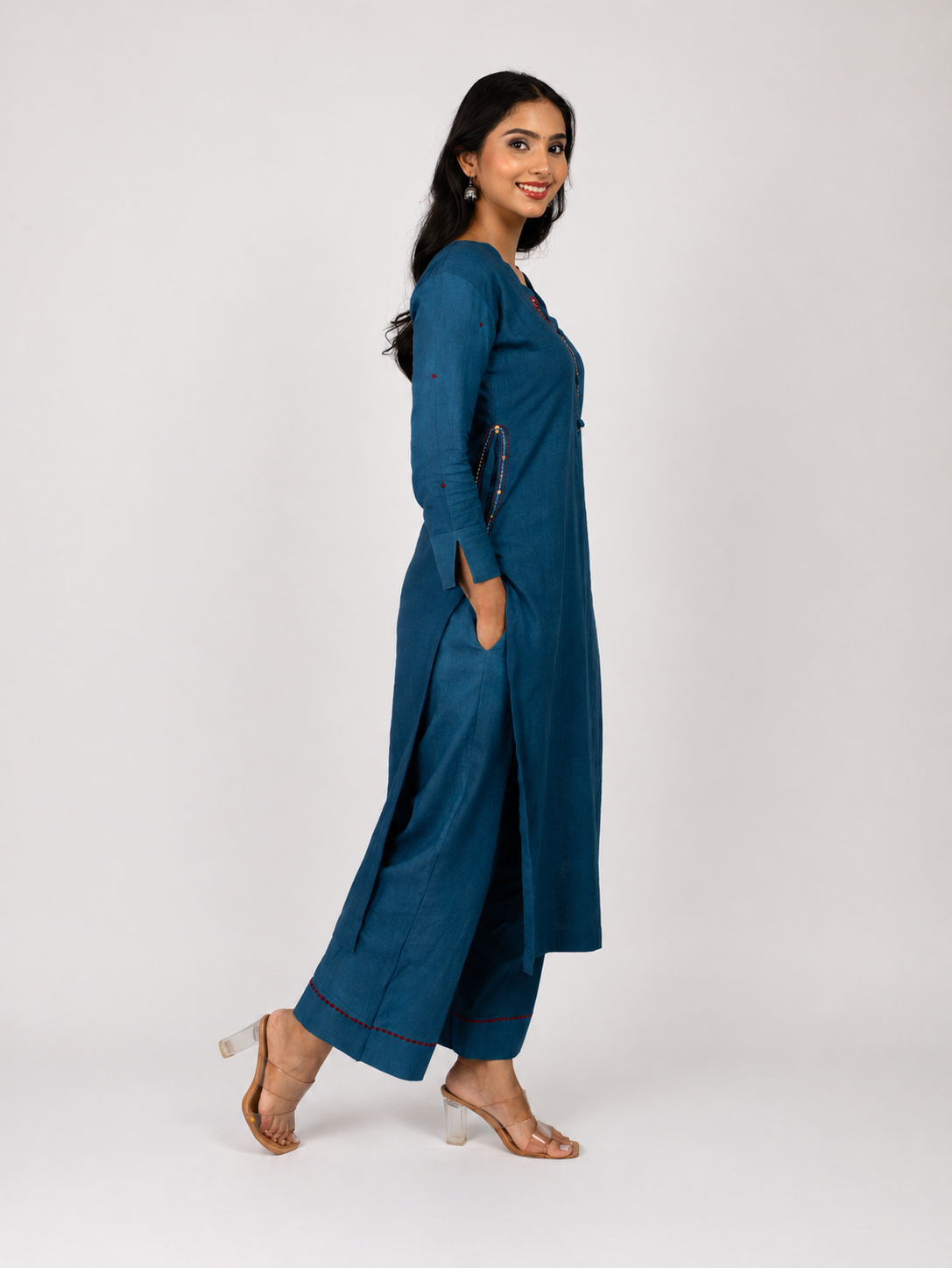 Blue Linen Blend Kurta Set