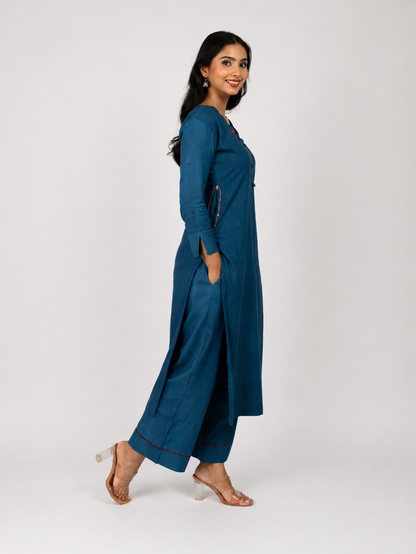 Blue Linen Blend Kurta Set