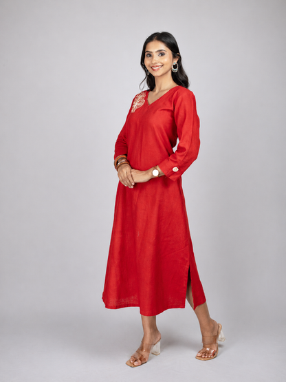 Red Linen Blend Dress