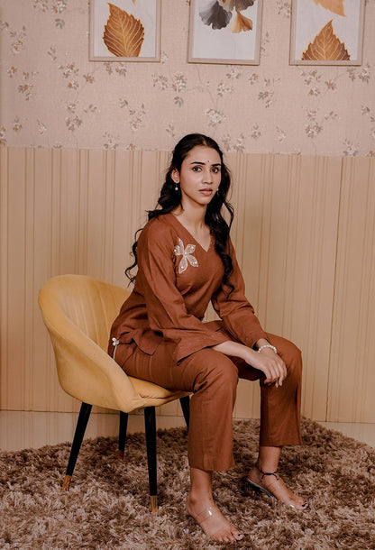 Brown Linen Blend Co-ord Set