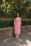 Pink Linen Floral Embroidered Kurta Set-2pc