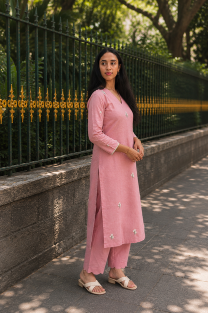Pink Linen Floral Embroidered Kurta Set-2pc