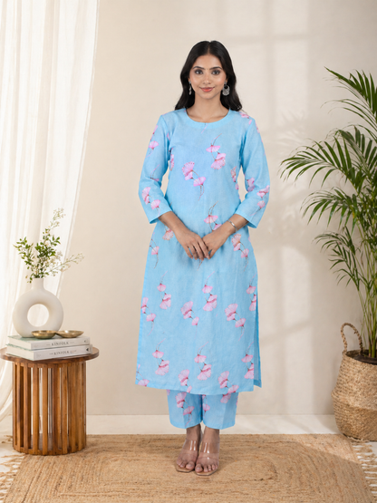 Floral Printed Linen Blend Kurta Set