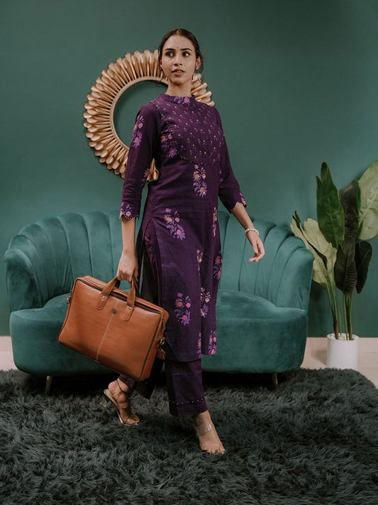 Purple Printed Linen Kurta Set