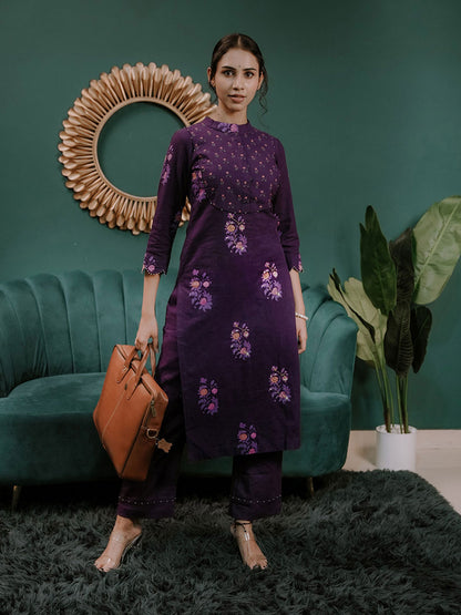 Purple Printed Linen Kurta Set