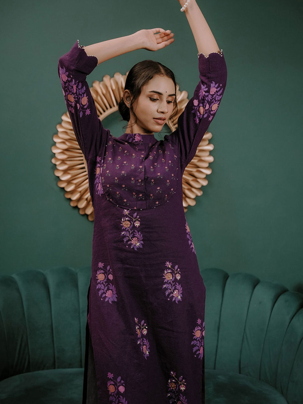 Purple Printed Linen Kurta Set