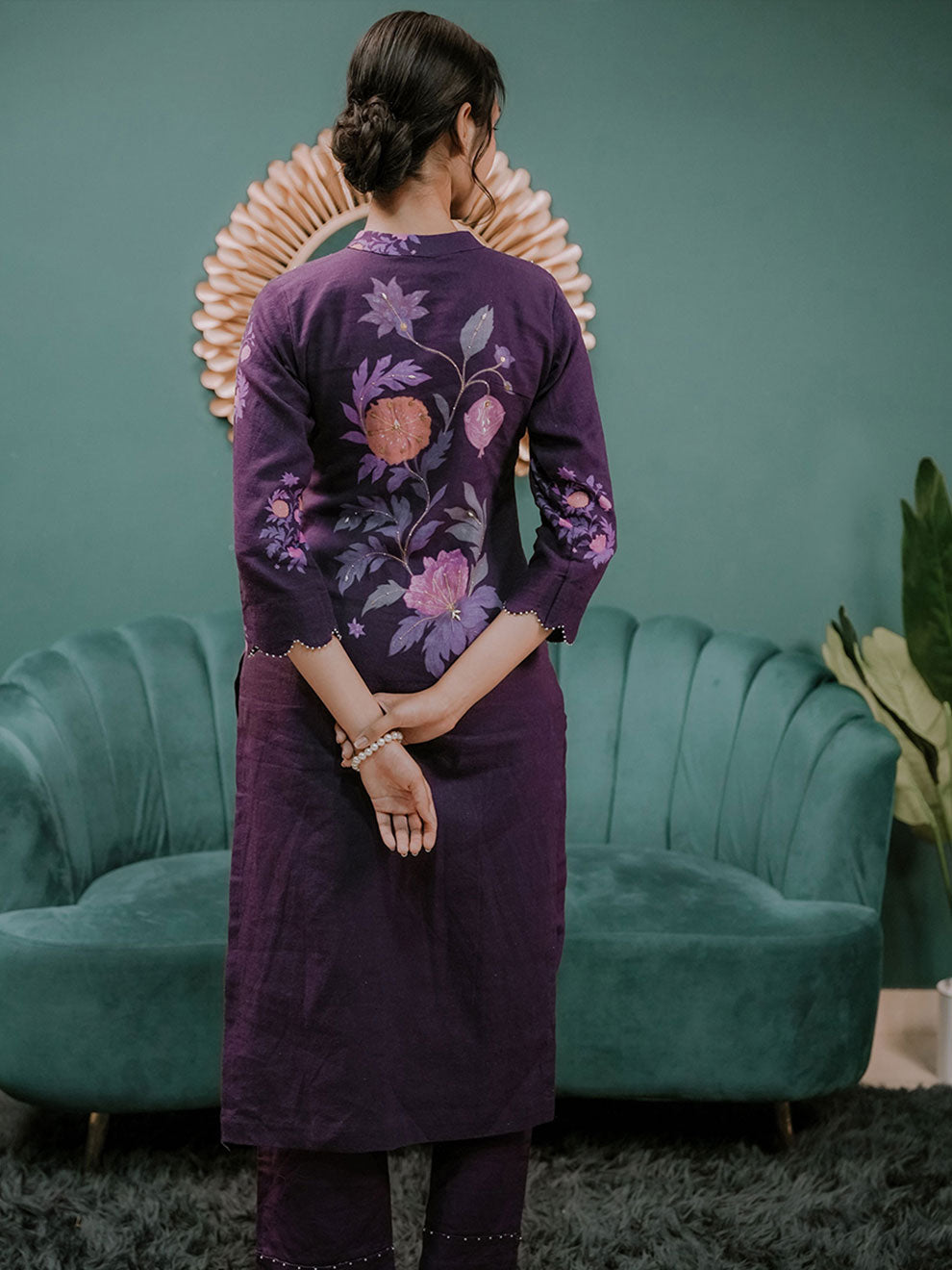 Purple Printed Linen Kurta Set