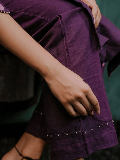 Purple Printed Linen Kurta Set