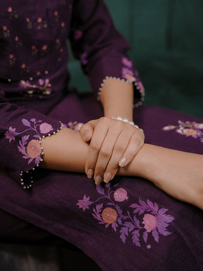 Purple Printed Linen Kurta Set