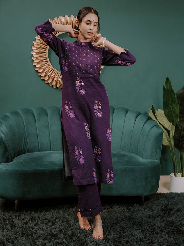 Purple Printed Linen Kurta Set