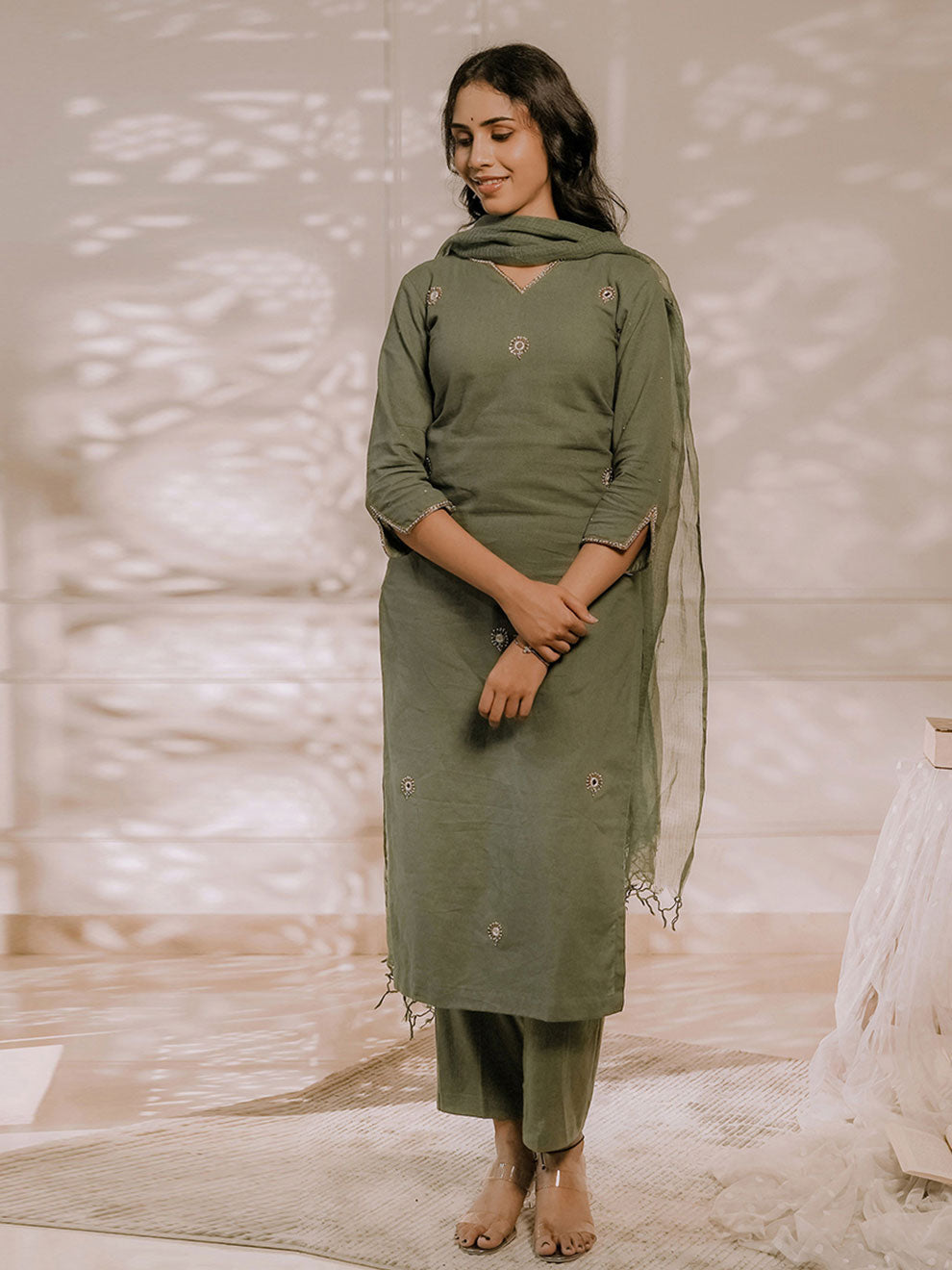Olive Green Kurta Set 3Pcs
