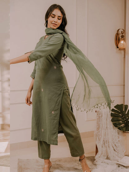 Olive Green Kurta Set 3Pcs