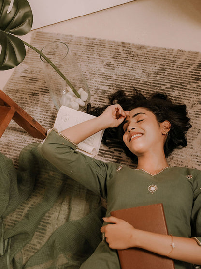 Olive Green Kurta Set 3Pcs