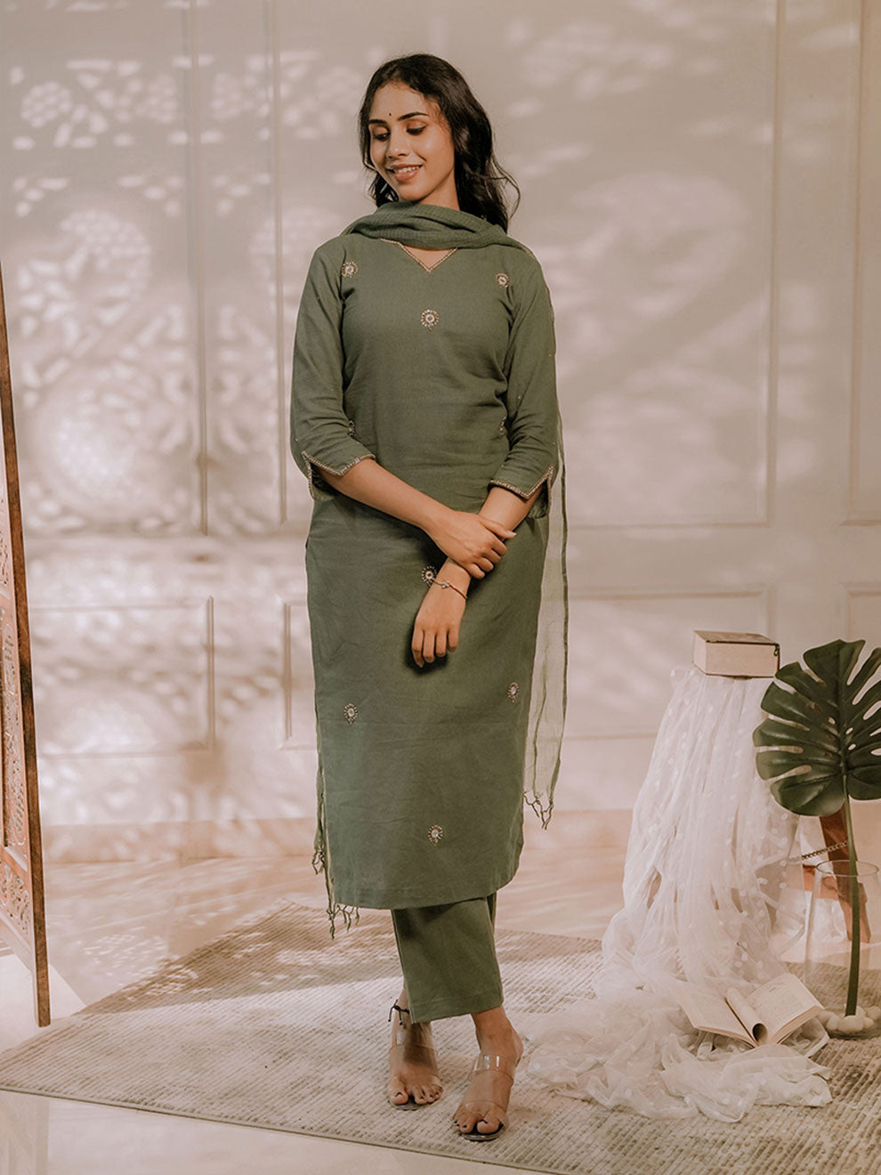 Olive Green Kurta Set 3Pcs