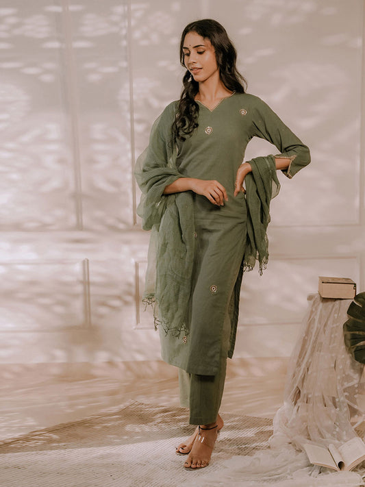 Olive Green Kurta Set 3Pcs