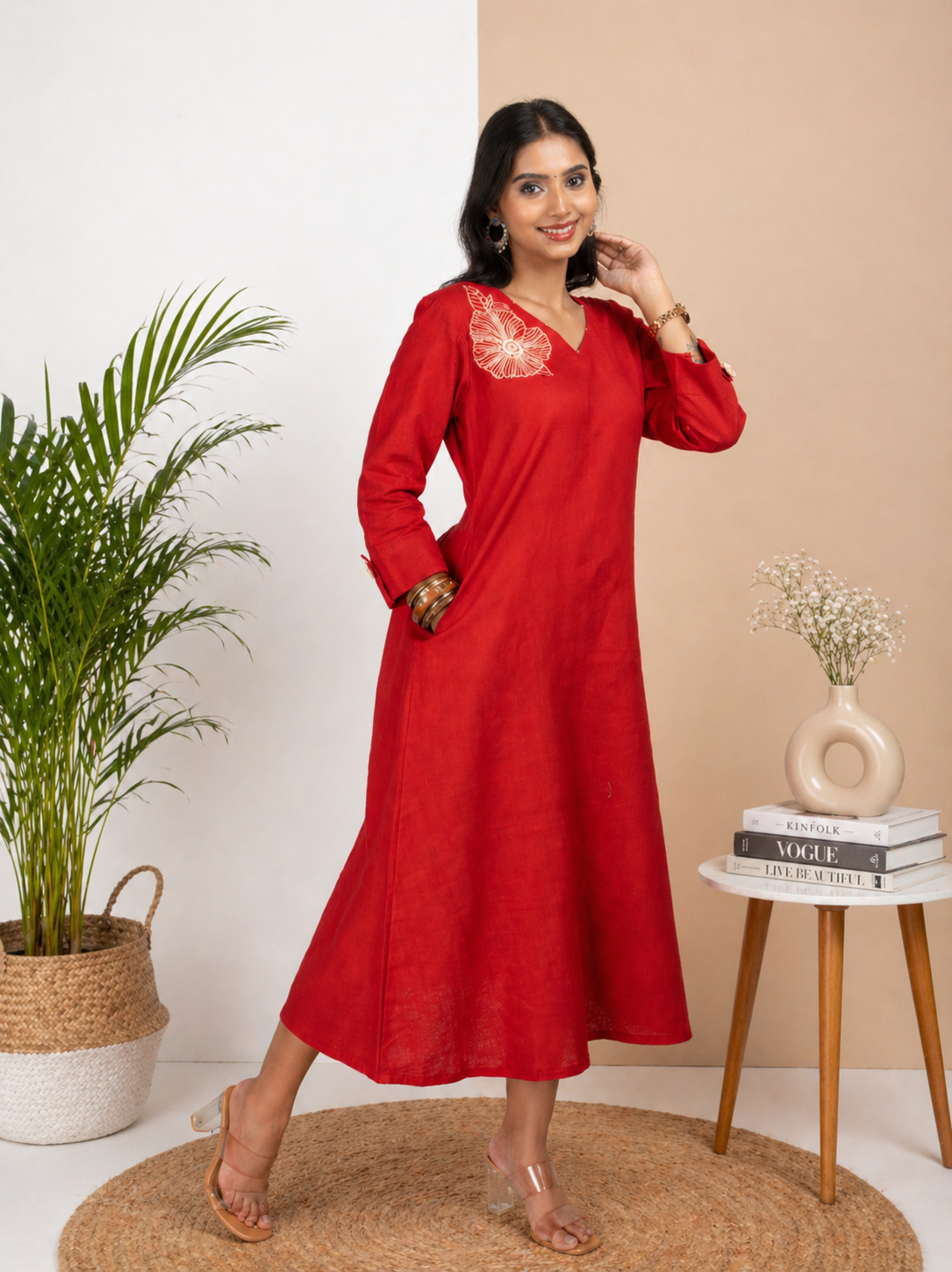 Red Linen Blend Dress