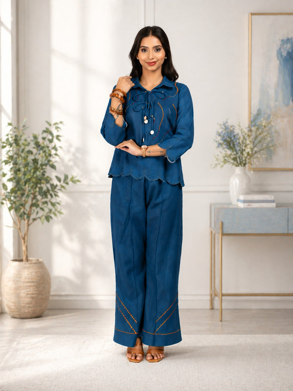 Blue Linen Blend Co-ord Set