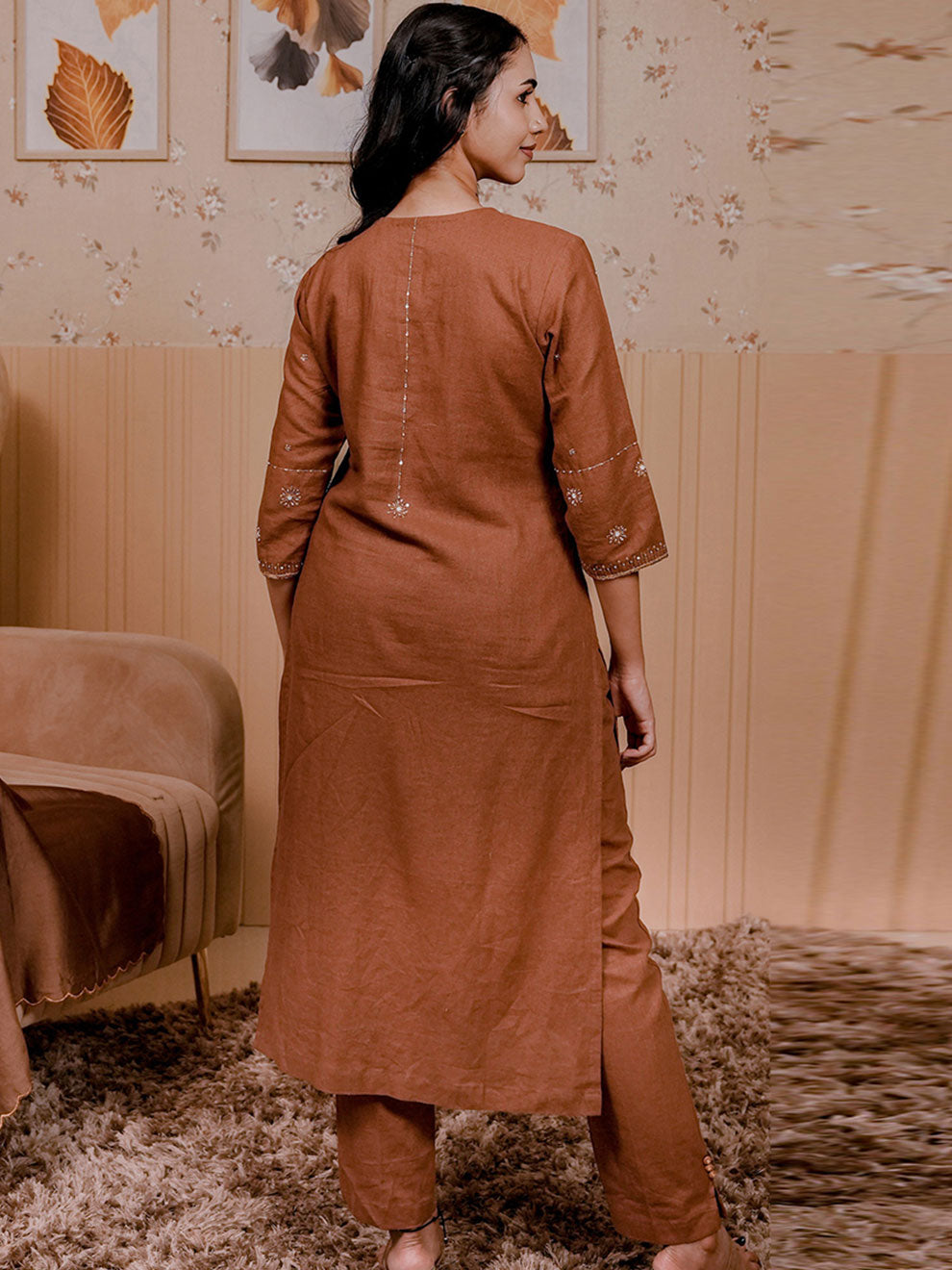 Brown Linen Blend Kurta Set 3Pcs