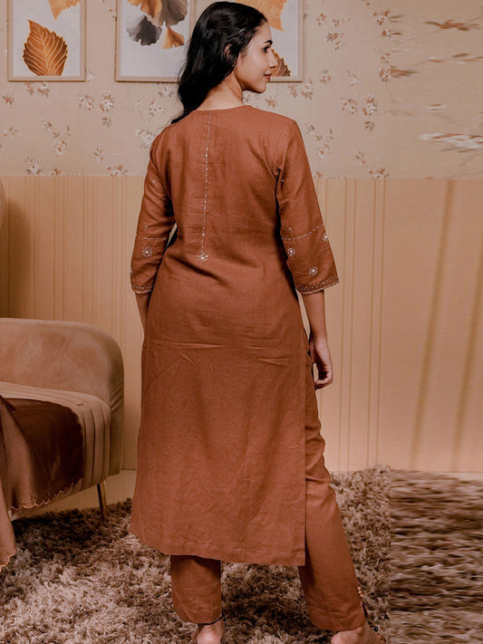 Brown Linen Blend Kurta Set 3Pcs