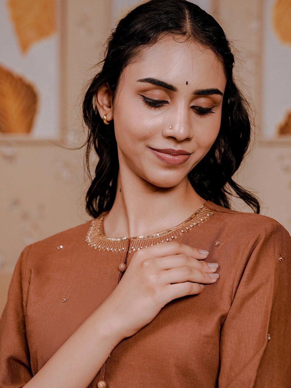 Brown Linen Blend Kurta Set 3Pcs