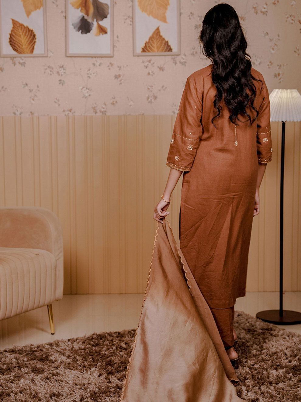 Brown Linen Blend Kurta Set 3Pcs