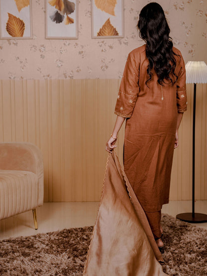 Brown Linen Blend Kurta Set 3Pcs