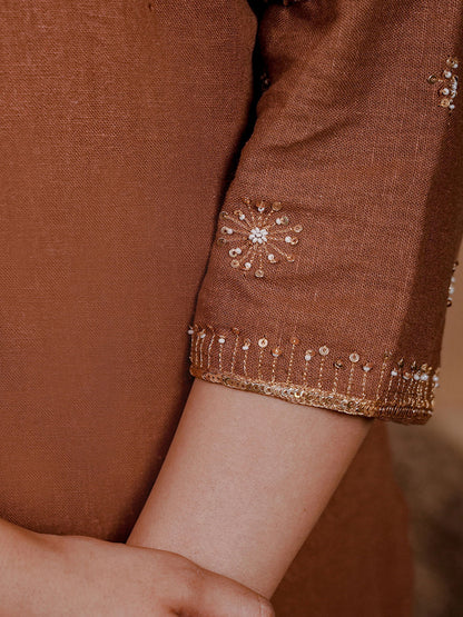 Brown Linen Blend Kurta Set 3Pcs