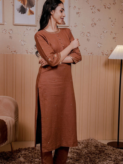 Brown Linen Blend Kurta Set 3Pcs