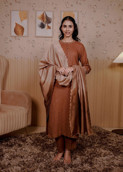 Brown Linen Blend Kurta Set 3Pcs