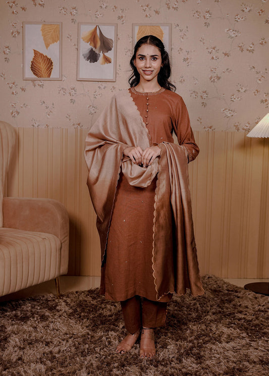 Brown Linen Blend Kurta Set 3Pcs
