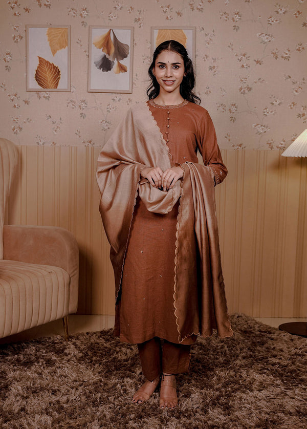 Brown Linen Blend Kurta Set 3Pcs