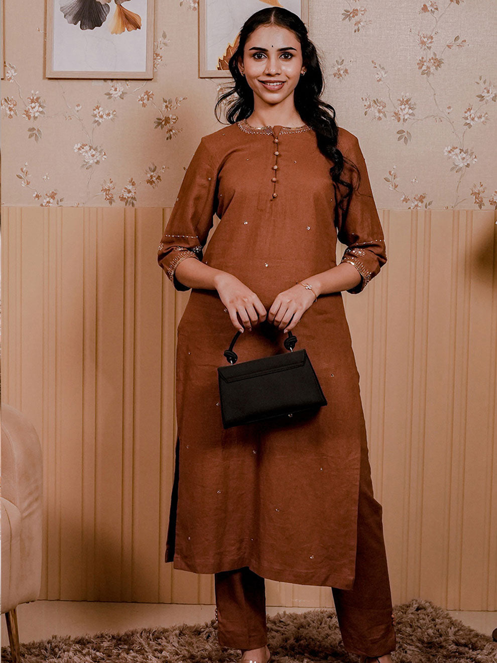 Brown Linen Blend Kurta Set 3Pcs