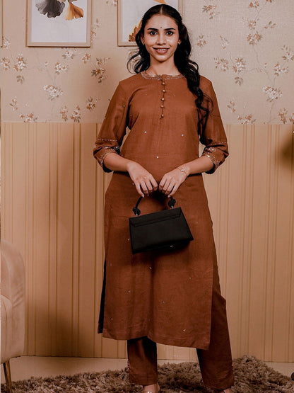 Brown Linen Blend Kurta Set 3Pcs