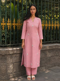 Pink Linen Floral Embroidered Kurta Set-2pc